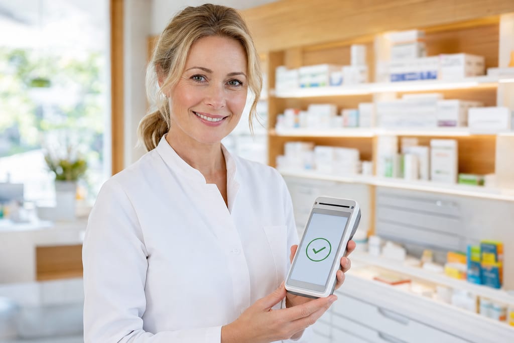 Apothekerin der Pelikan Apotheke mit mobilem eGK-Lesegerät
